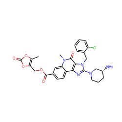 Cc1oc(=O)oc1COC(=O)c1ccc2c3nc(N4CCC[C@@H](N)C4)n(Cc4ccccc4Cl)c3c(=O)n(C)c2c1 ZINC000299853368