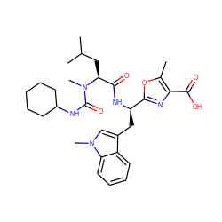 Cc1oc([C@@H](Cc2cn(C)c3ccccc23)NC(=O)[C@H](CC(C)C)N(C)C(=O)NC2CCCCC2)nc1C(=O)O ZINC000028110236