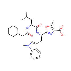 Cc1oc([C@@H](Cc2cn(C)c3ccccc23)NC(=O)[C@H](CC(C)C)NC(=O)CC2CCCCC2)nc1C(=O)O ZINC000028113272