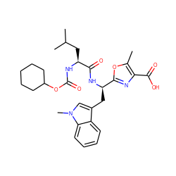 Cc1oc([C@@H](Cc2cn(C)c3ccccc23)NC(=O)[C@H](CC(C)C)NC(=O)OC2CCCCC2)nc1C(=O)O ZINC000003935660