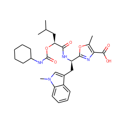 Cc1oc([C@@H](Cc2cn(C)c3ccccc23)NC(=O)[C@H](CC(C)C)OC(=O)NC2CCCCC2)nc1C(=O)O ZINC000028106026