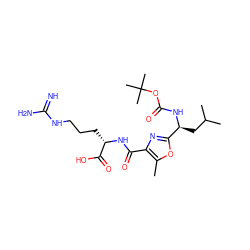 Cc1oc([C@H](CC(C)C)NC(=O)OC(C)(C)C)nc1C(=O)N[C@@H](CCCNC(=N)N)C(=O)O ZINC000653748833