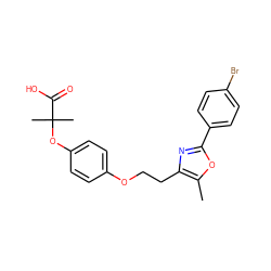 Cc1oc(-c2ccc(Br)cc2)nc1CCOc1ccc(OC(C)(C)C(=O)O)cc1 ZINC000012358171