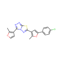 Cc1oc(-c2ccc(Cl)cc2)cc1-c1nn2c(-c3ccoc3C)nnc2s1 ZINC000002706911