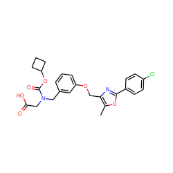 Cc1oc(-c2ccc(Cl)cc2)nc1COc1cccc(CN(CC(=O)O)C(=O)OC2CCC2)c1 ZINC000049072045