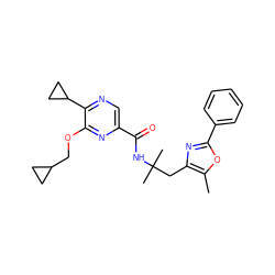 Cc1oc(-c2ccccc2)nc1CC(C)(C)NC(=O)c1cnc(C2CC2)c(OCC2CC2)n1 ZINC000207399313