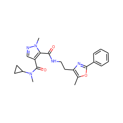 Cc1oc(-c2ccccc2)nc1CCNC(=O)c1c(C(=O)N(C)C2CC2)cnn1C ZINC000144086660