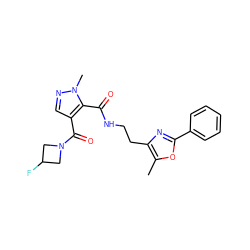 Cc1oc(-c2ccccc2)nc1CCNC(=O)c1c(C(=O)N2CC(F)C2)cnn1C ZINC000144096230