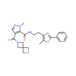 Cc1oc(-c2ccccc2)nc1CCNC(=O)c1c(C(=O)N2CC3(COC3)C2)cnn1C ZINC000144098822