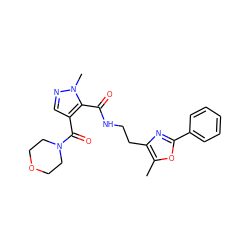 Cc1oc(-c2ccccc2)nc1CCNC(=O)c1c(C(=O)N2CCOCC2)cnn1C ZINC000144105646