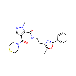 Cc1oc(-c2ccccc2)nc1CCNC(=O)c1c(C(=O)N2CCSCC2)cnn1C ZINC000144087109