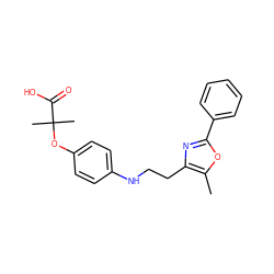 Cc1oc(-c2ccccc2)nc1CCNc1ccc(OC(C)(C)C(=O)O)cc1 ZINC000095561274