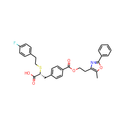 Cc1oc(-c2ccccc2)nc1CCOC(=O)c1ccc(C[C@@H](SCCc2ccc(F)cc2)C(=O)O)cc1 ZINC000114957288