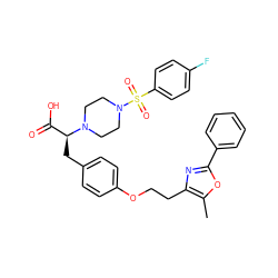 Cc1oc(-c2ccccc2)nc1CCOc1ccc(C[C@@H](C(=O)O)N2CCN(S(=O)(=O)c3ccc(F)cc3)CC2)cc1 ZINC000049780806