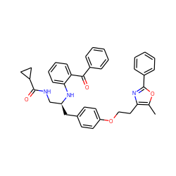 Cc1oc(-c2ccccc2)nc1CCOc1ccc(C[C@@H](CNC(=O)C2CC2)Nc2ccccc2C(=O)c2ccccc2)cc1 ZINC000028704604