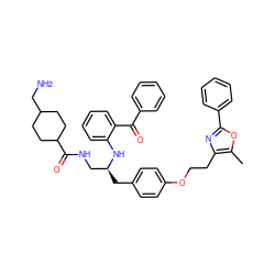 Cc1oc(-c2ccccc2)nc1CCOc1ccc(C[C@@H](CNC(=O)C2CCC(CN)CC2)Nc2ccccc2C(=O)c2ccccc2)cc1 ZINC000028704581