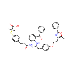 Cc1oc(-c2ccccc2)nc1CCOc1ccc(C[C@@H](CNC(=O)CCc2ccc(SC(C)(C)C(=O)O)cc2)Nc2ccccc2C(=O)c2ccccc2)cc1 ZINC000095607332