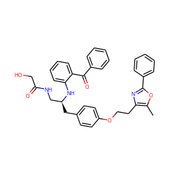 Cc1oc(-c2ccccc2)nc1CCOc1ccc(C[C@@H](CNC(=O)CO)Nc2ccccc2C(=O)c2ccccc2)cc1 ZINC000028704550