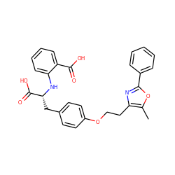 Cc1oc(-c2ccccc2)nc1CCOc1ccc(C[C@@H](Nc2ccccc2C(=O)O)C(=O)O)cc1 ZINC000012358133