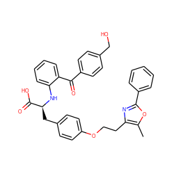 Cc1oc(-c2ccccc2)nc1CCOc1ccc(C[C@H](Nc2ccccc2C(=O)c2ccc(CO)cc2)C(=O)O)cc1 ZINC000012358120