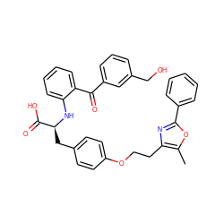 Cc1oc(-c2ccccc2)nc1CCOc1ccc(C[C@H](Nc2ccccc2C(=O)c2cccc(CO)c2)C(=O)O)cc1 ZINC000012358124