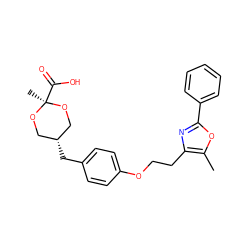 Cc1oc(-c2ccccc2)nc1CCOc1ccc(C[C@H]2CO[C@](C)(C(=O)O)OC2)cc1 ZINC000168861831