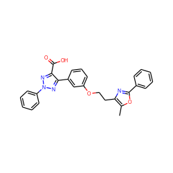 Cc1oc(-c2ccccc2)nc1CCOc1cccc(-c2nn(-c3ccccc3)nc2C(=O)O)c1 ZINC000040408655