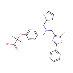 Cc1oc(-c2ccccc2)nc1CN(Cc1ccc(OC(C)(C)C(=O)O)cc1)Cc1ccco1 ZINC000095561929