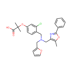 Cc1oc(-c2ccccc2)nc1CN(Cc1ccco1)Cc1ccc(OC(C)(C)C(=O)O)cc1Cl ZINC000095563800