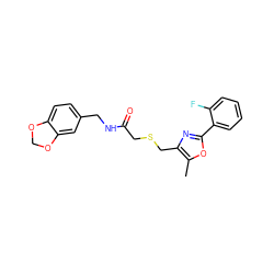 Cc1oc(-c2ccccc2F)nc1CSCC(=O)NCc1ccc2c(c1)OCO2 ZINC000004110729