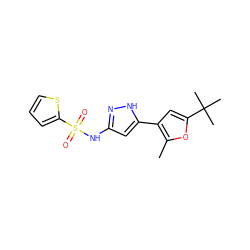 Cc1oc(C(C)(C)C)cc1-c1cc(NS(=O)(=O)c2cccs2)n[nH]1 ZINC000001046803