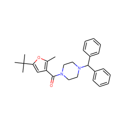 Cc1oc(C(C)(C)C)cc1C(=O)N1CCN(C(c2ccccc2)c2ccccc2)CC1 ZINC000019834942