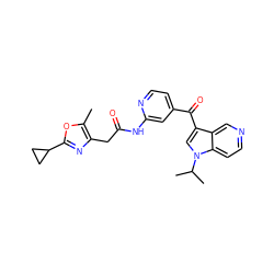 Cc1oc(C2CC2)nc1CC(=O)Nc1cc(C(=O)c2cn(C(C)C)c3ccncc23)ccn1 ZINC001772578948