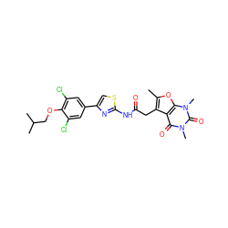 Cc1oc2c(c1CC(=O)Nc1nc(-c3cc(Cl)c(OCC(C)C)c(Cl)c3)cs1)c(=O)n(C)c(=O)n2C ZINC000139114201