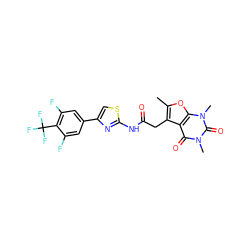 Cc1oc2c(c1CC(=O)Nc1nc(-c3cc(F)c(C(F)(F)F)c(F)c3)cs1)c(=O)n(C)c(=O)n2C ZINC000139114461