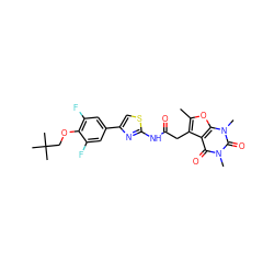 Cc1oc2c(c1CC(=O)Nc1nc(-c3cc(F)c(OCC(C)(C)C)c(F)c3)cs1)c(=O)n(C)c(=O)n2C ZINC000139108676