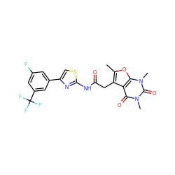 Cc1oc2c(c1CC(=O)Nc1nc(-c3cc(F)cc(C(F)(F)F)c3)cs1)c(=O)n(C)c(=O)n2C ZINC000139086854