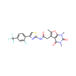 Cc1oc2c(c1CC(=O)Nc1nc(-c3ccc(C(F)(F)F)cc3F)cs1)c(=O)n(C)c(=O)n2C ZINC000139078012