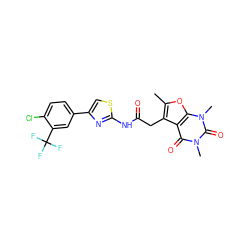 Cc1oc2c(c1CC(=O)Nc1nc(-c3ccc(Cl)c(C(F)(F)F)c3)cs1)c(=O)n(C)c(=O)n2C ZINC000139087098