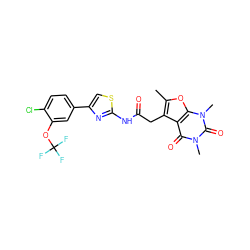 Cc1oc2c(c1CC(=O)Nc1nc(-c3ccc(Cl)c(OC(F)(F)F)c3)cs1)c(=O)n(C)c(=O)n2C ZINC000139094883