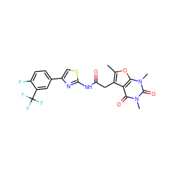 Cc1oc2c(c1CC(=O)Nc1nc(-c3ccc(F)c(C(F)(F)F)c3)cs1)c(=O)n(C)c(=O)n2C ZINC000139077775