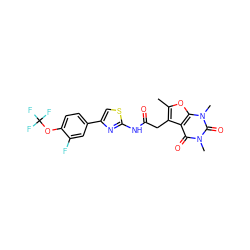 Cc1oc2c(c1CC(=O)Nc1nc(-c3ccc(OC(F)(F)F)c(F)c3)cs1)c(=O)n(C)c(=O)n2C ZINC000139094624