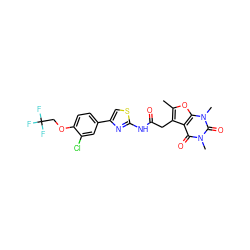 Cc1oc2c(c1CC(=O)Nc1nc(-c3ccc(OCC(F)(F)F)c(Cl)c3)cs1)c(=O)n(C)c(=O)n2C ZINC000068247417