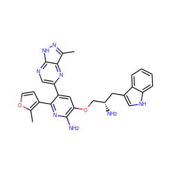 Cc1occc1-c1nc(N)c(OC[C@@H](N)Cc2c[nH]c3ccccc23)cc1-c1cnc2[nH]nc(C)c2n1 ZINC000043202934