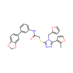 Cc1occc1-c1nnc(SCC(=O)Nc2cccc(-c3ccc4c(c3)OCO4)c2)n1Cc1ccco1 ZINC000064527481