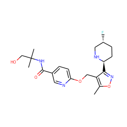 Cc1onc([C@@H]2CC[C@@H](F)CN2)c1COc1ccc(C(=O)NC(C)(C)CO)cn1 ZINC000169685432