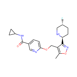 Cc1onc([C@@H]2CC[C@@H](F)CN2)c1COc1ccc(C(=O)NC2CC2)cn1 ZINC000169685428