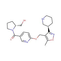 Cc1onc([C@@H]2CCCNC2)c1COc1ccc(C(=O)N2CCC[C@@H]2CO)cn1 ZINC000169685459