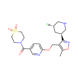 Cc1onc([C@@H]2CNC[C@@H](Cl)C2)c1COc1ccc(C(=O)N2CCS(=O)(=O)CC2)cn1 ZINC000169685471