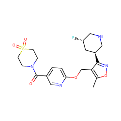 Cc1onc([C@@H]2CNC[C@@H](F)C2)c1COc1ccc(C(=O)N2CCS(=O)(=O)CC2)cn1 ZINC000169685467